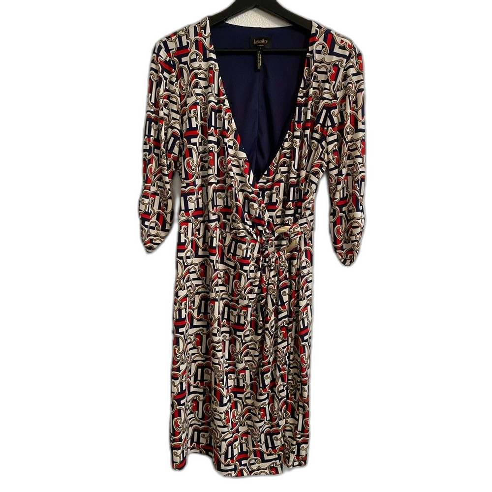 Laundry Segal L Colorful Bold Colorful Vibrant Wrap Midi Dress AOP Office Church